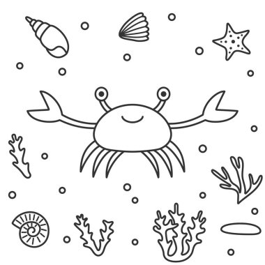 Çizgi film yengeci, kabuk, mercan, denizyıldızı, deniz bitkisi, taş. Vektör illüstrasyonu.