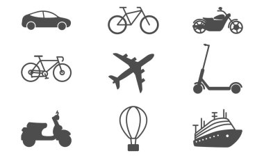 Farklı ulaşım türleri - araba, motosiklet, scooter, bisiklet, elektrikli scooter, uçak, gemi, balon. Seyahat ikonları. Vektör illüstrasyonu.