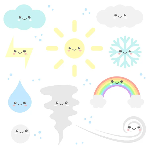 Juego Dibujos Animados Personajes Lindos Sol Las Nubes Arco Iris — Vector de stock