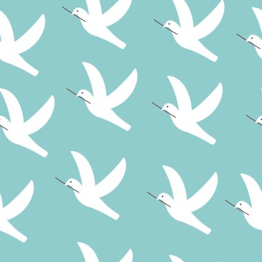 Gagasında ağaç dalı olan uçan beyaz güvercinler. Kusursuz duvar kağıdı. Vektör illüstrasyonu.