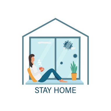 Kız pencere pervazında oturuyor. Covid-19, Coronavirus. Evde kal. Vektör illüstrasyonu.