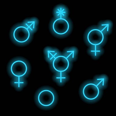 Cinsiyet sembolleri seti, neon mavisi. Parlak işaretler. Vektör illüstrasyonu.