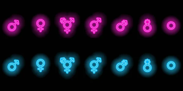 Set Von Geschlechtssymbolen Neonblau Und Rosa Leuchtende Zeichen Vektorillustration — Stockvektor