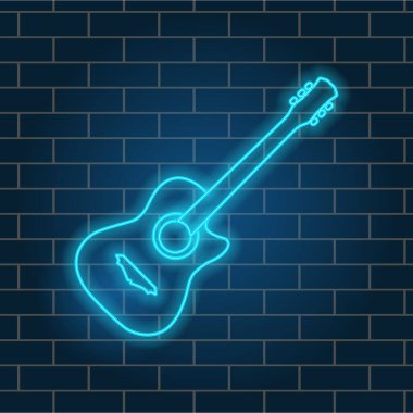 Akustik gitar, güzel neon parıltısı. Müzik aleti. Gece tabelası. Vektör illüstrasyonu.