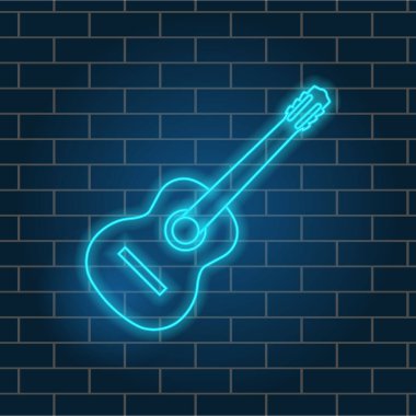 Akustik gitar, güzel neon parıltısı. Müzik aleti. Gece tabelası. Vektör illüstrasyonu.