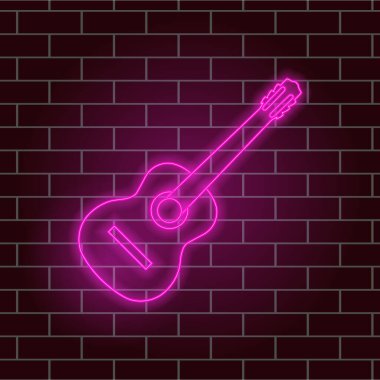 Akustik gitar, güzel pembe neon parıltı. Müzik aleti. Gece tabelası. Vektör illüstrasyonu.