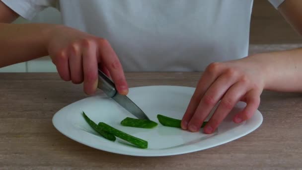 Κοντινό χέρι ξεφλούδισμα aloe vera φύλλα — Αρχείο Βίντεο