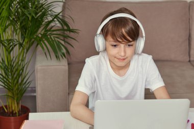 Yakışıklı bir çocuk gülümser ve kulaklıkla oyunlar oynar. Ev yapımı yeşil bitki.