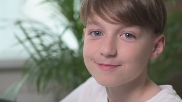 Glimlach van een schattig knap jong schooljongen die is op zoek in de camera. — Stockvideo