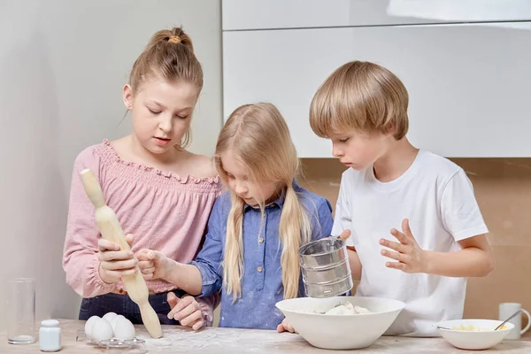 Beautiful cute kids blond siblings helping mom in the kitchen. — Stock Photo, Image