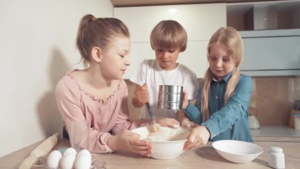 Children learn to cook cookies, mix the dough with a silicone spoon. — Stock Video