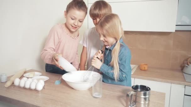 I bambini fanno la pasta per biscotti, pizza. Aggiungere lo zucchero al latte e mescolare con una frusta . — Video Stock