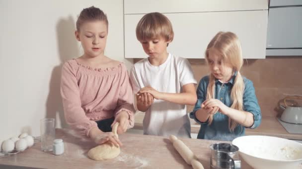 Piękne blond dzieci rzeźbić ciasteczka z ciasta w jasnej kuchni. — Wideo stockowe