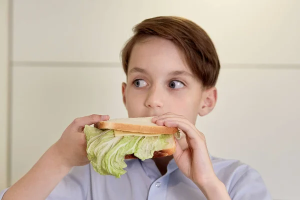 Närbild ansikte av en snygg brunett pojke som äter en smörgås. — Stockfoto
