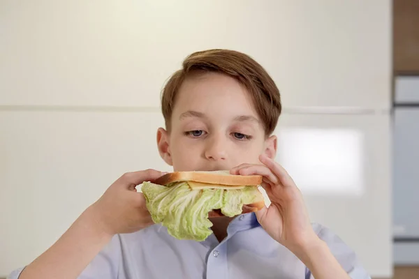 Detailní záběr tvář pohledný hladový brunetka chlapec, který jí sendvič. — Stock fotografie