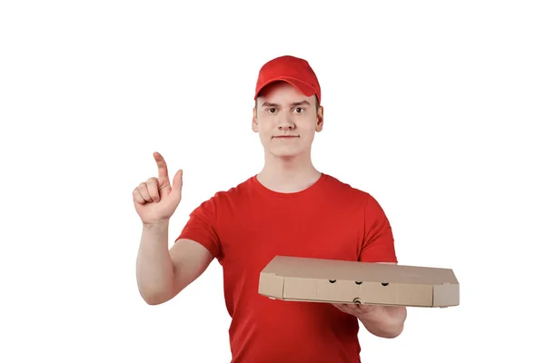A handsome man in red overalls in a cap rings the doorbell. White background. — Stock Photo, Image
