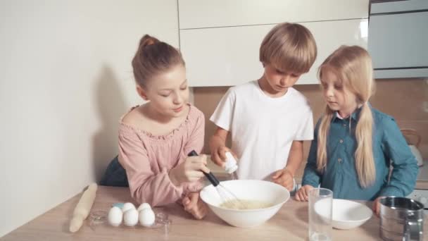 Salz zum Teig geben. Schöne blonde Kinder machen gemeinsam Teig. — Stockvideo