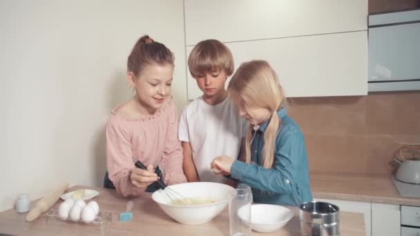 かわいい金髪の子供たちが一緒に生地を調理しています。プレートに卵を打ちます. — ストック動画