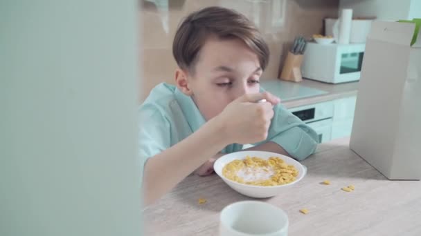 Een brunette jongen is het ontbijt van heerlijke zoete cornflakes met melk. — Stockvideo