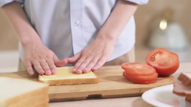 Primer plano de un niño preparando un sándwich de pan tostado, verduras, queso . — Vídeo de stock
