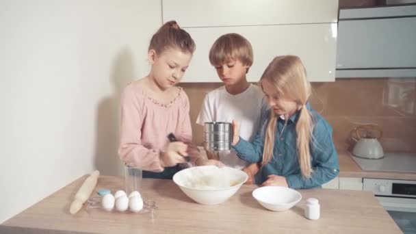 I bambini aiutano a cucinare in cucina. Aggiungere la farina attraverso un setaccio all'impasto — Video Stock