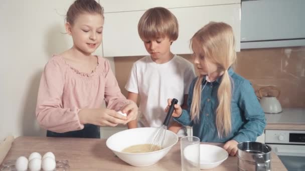 Schöne blonde Kinder machen gemeinsam Teig. Die Eier in einem weißen Teller schlagen — Stockvideo