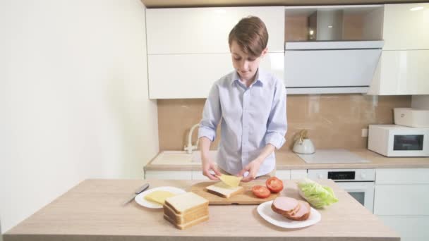 Un chico moreno prepara un sándwich de pan tostado, verduras y queso . — Vídeos de Stock