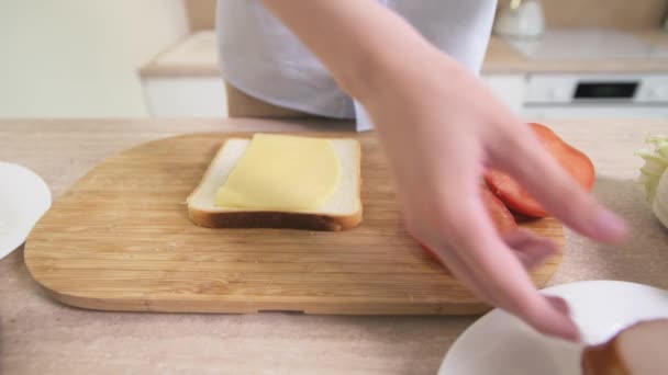 Primer plano de un niño preparando un sándwich de pan tostado, verduras, queso . — Vídeo de stock