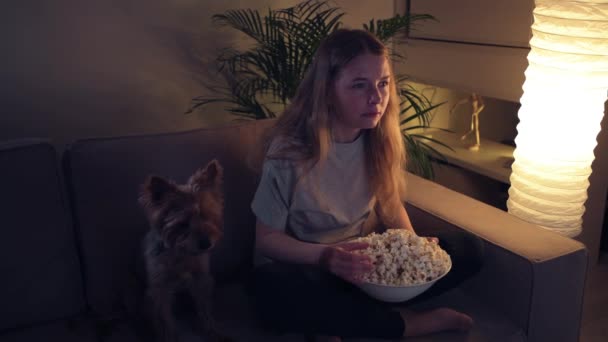 Uma menina com um rosto assustado está assistindo TV com seu amado animal de estimação . — Vídeo de Stock