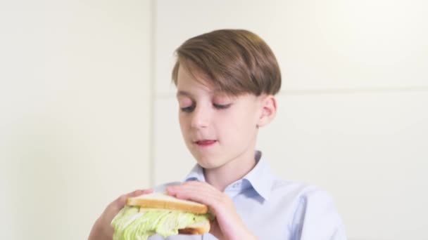 Chłopiec je pyszne kanapki z chlebem, warzywami, serem i szynką. — Wideo stockowe