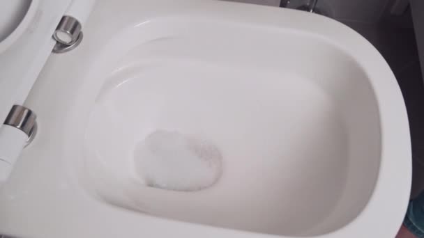 Närbild slow motion av spolning vatten i en toalett. Rent badrum. — Stockvideo