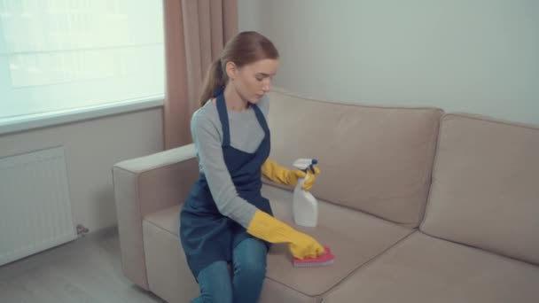 A young girl washes dirty stains on a light sofa. House cleaning. — Stock Video