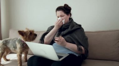 Hasta kız fincandan sıcak çay içer ve bilgisayar ekranına bakar..