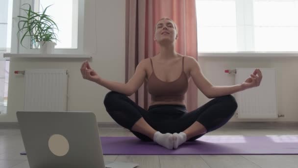 A mulher esportiva em um topo está envolvida em ioga e olha para a tela do laptop. — Vídeo de Stock