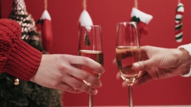 Sevgi dolu bir çift Noel 'i birlikte kutlar. Yakınlarda bir Noel ağacı var..