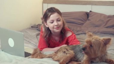 Esmer bir kız beyaz bir yatakta uzanır ve internetten küçük bir köpeğin yanında ders çalışır..