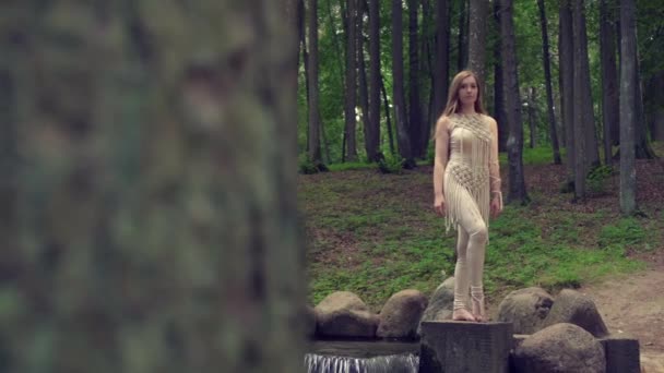 Hermosa mujer rubia con maquillaje natural se para en una piedra, cerca de una cascada. — Vídeo de stock