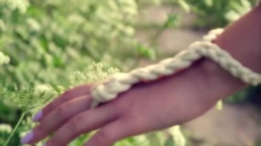 Bej renkli manikürlü bir kadın eli çiçeklere ve uzun otlara dokunur..