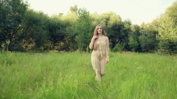 Een mooi jong meisje met lang blond haar in een veld met hoog gras. — Stockvideo