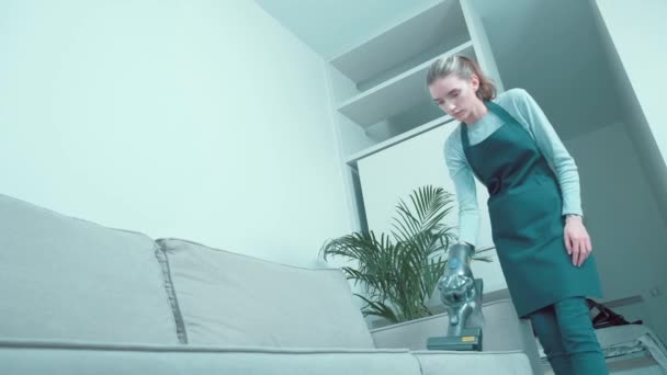 Bir kadın, profesyonel bir temizlikçi, toz ve yünden gri bir kanepeyi süpürür.. — Stok video