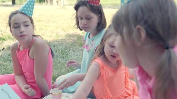 Las chicas con gorras navideñas celebran su cumpleaños en el parque en la hierba. — Vídeo de stock