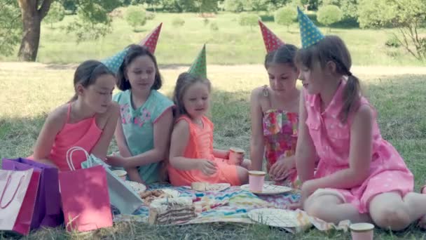 Gyönyörű lányok ünnepi sapkában a parkban. Születésnap természetben. — Stock videók