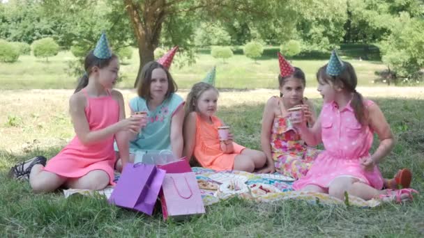 Célébrer un anniversaire dans le parc par une belle journée ensoleillée. Enfants heureux. — Video