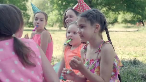 Los niños celebran su cumpleaños en el parque. Fiesta de cumpleaños. — Vídeo de stock