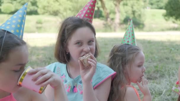 Las chicas se sientan en el parque en la hierba, celebran su cumpleaños y comen pastel.. — Vídeo de stock