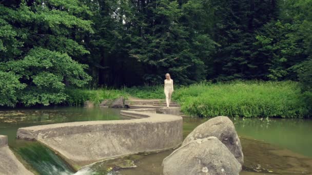 En vacker flicka i bilden av en skog älva går längs bron. — Stockvideo