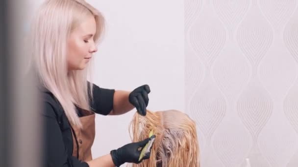 Una chica en un salón de belleza tiñe las raíces de su cabello de blanco. Cuidado del cabello. — Vídeos de Stock