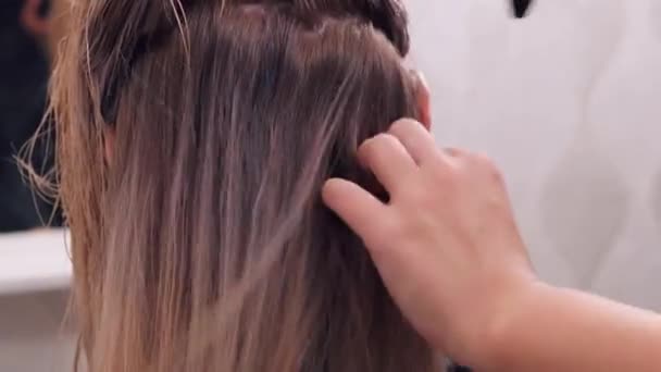 Visão traseira de uma menina que está secando seu cabelo em um salão de beleza. — Vídeo de Stock