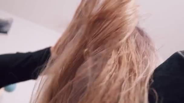 在美容院用吹风机吹干头发的女孩的背影. — 图库视频影像
