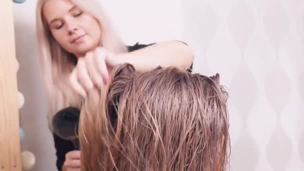 Ga naar een schoonheidssalon. Professionele kapper vrouw droogt haar met haardroger. — Stockvideo